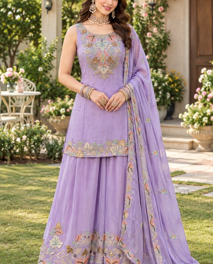 2190 - Lavender color Embroidered Chinon Salwar Suit